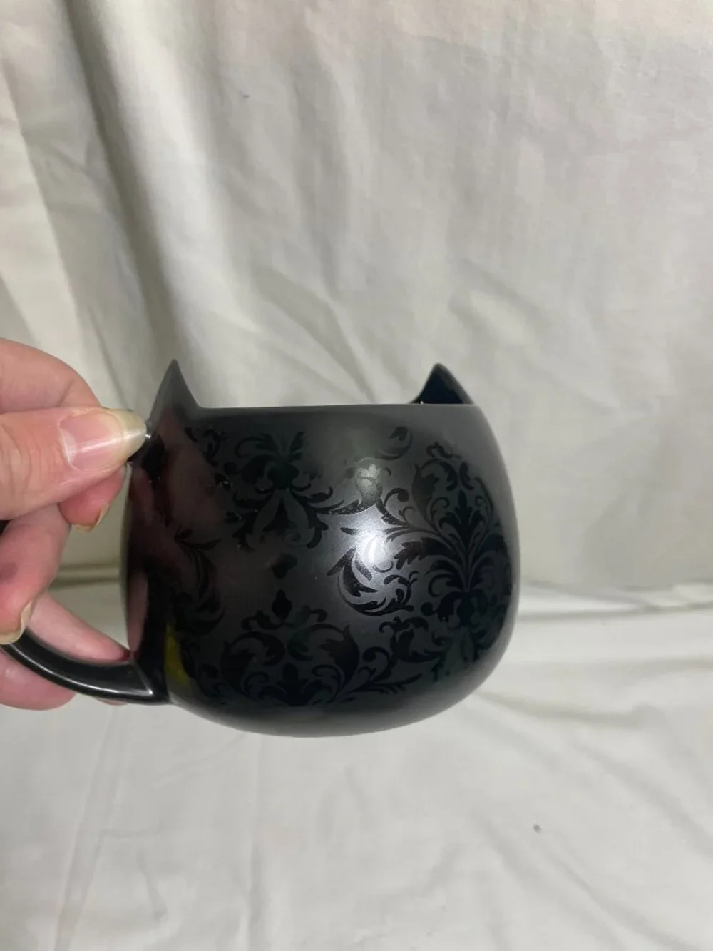 Cat Lady Box Black Ceramic Cat Ear Mug Floral Damask Coffee Cup 4”